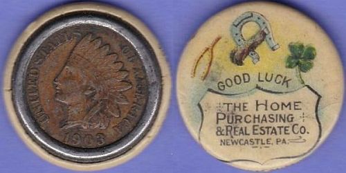 1903 Indian Head cent celluloid encased The Home Purchasing & Real Estate Co. Newcastle, PA