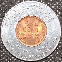 1945 Victory encased cent Evans Service - Bethelehem, PA