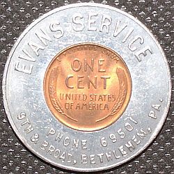 1945 Victory encased cent Evans Service - Bethelehem, PA